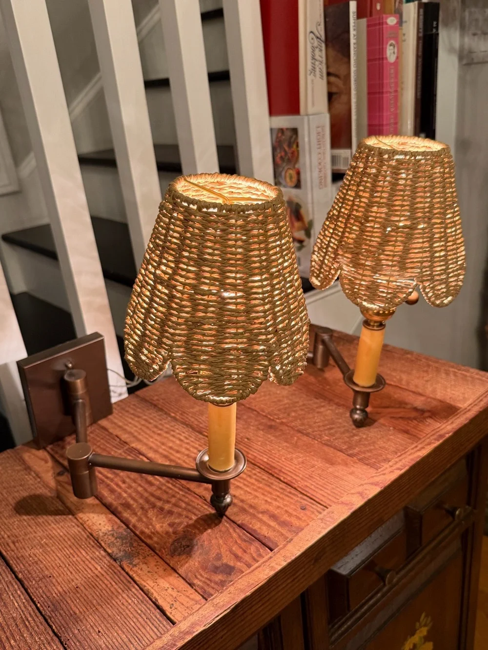 Pair of BOHO Wicker Shade Wall Sconces in Bronze-tone